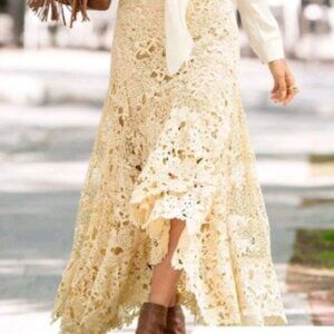 Boston Proper Beige Crochet Maxi Hi low Boho Hippie Lagen look Artsy Skirt Sz 6